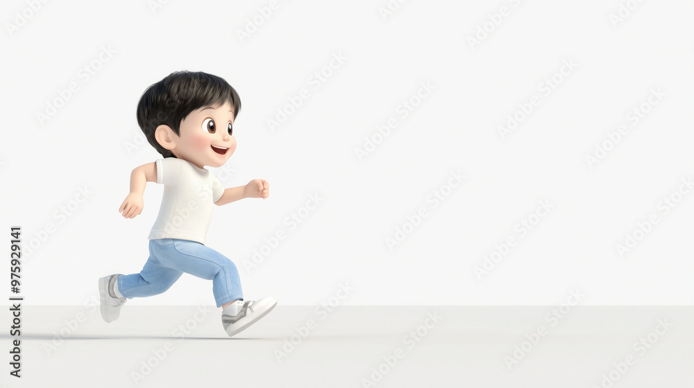 A 3D cartoon-style image of a child running, with a white background highlighting the joyful and lively motion of the character. photo