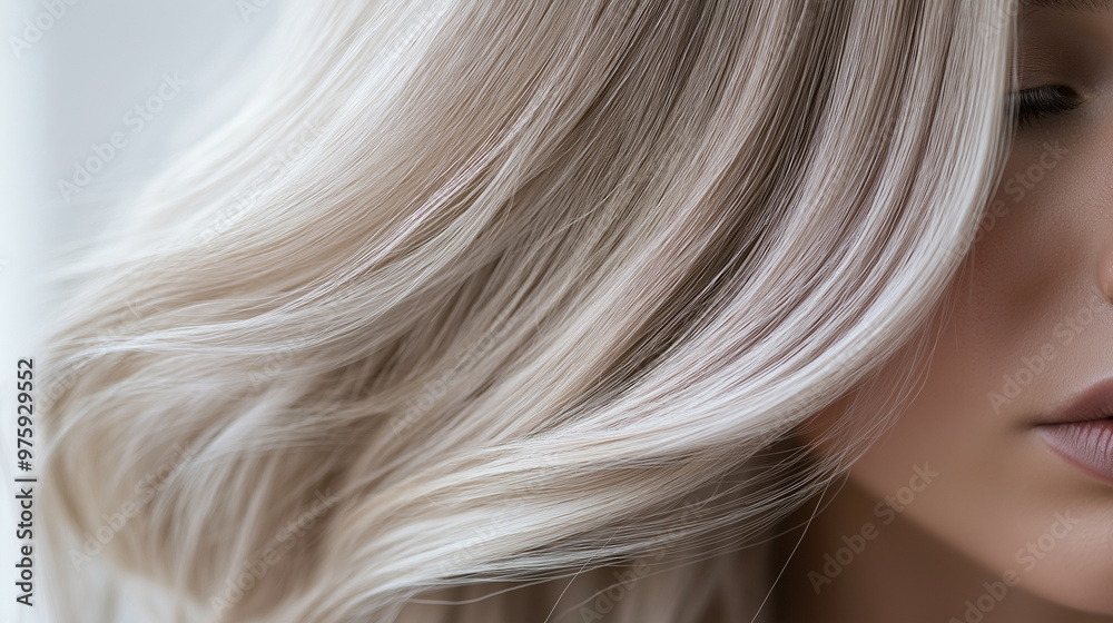 Naklejka premium Flowing ash blonde hair with subtle highlights, giving off a soft shine and luxurious texture for a minimalistic yet glamorous style.
