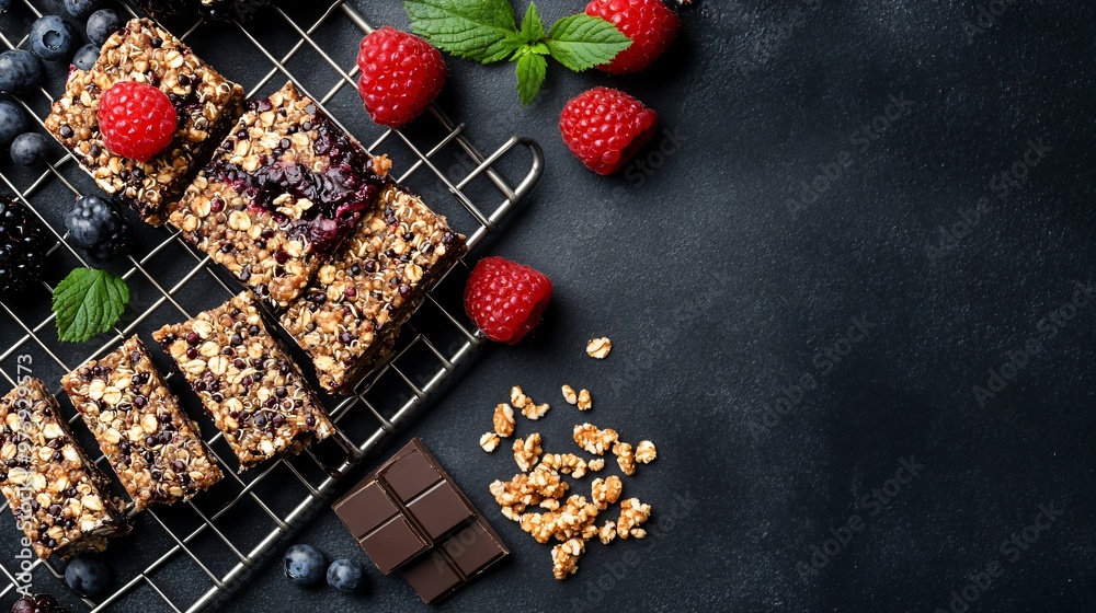 Nutritious Peanut Butter Quinoa Energy Bars with Berries and Vegan Chocolate Chips on Cooling Rack Nutritious Peanut Butter Quinoa Energy Bars with Berries and Vegan Chocolate Chips on Cooling Rack
