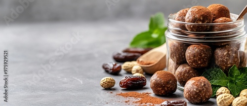 Nourishing Vegan Peanut Butter Protein Balls in Glass Jar with Dates and Cacao Powder for Easy Snacking