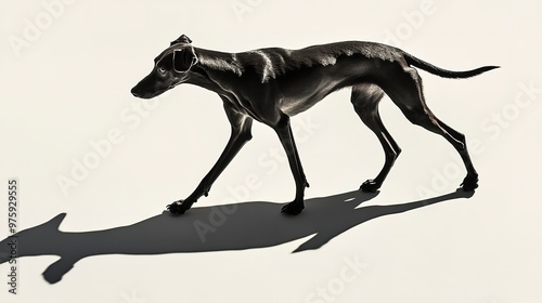 A thin dog walks in sunlight, casting a large shadow on a plain white background, highlighting its slender frame and posture.