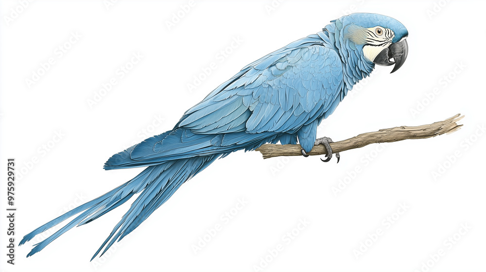 Obraz premium A blue parrot perched on a green branch, set against a white background, showcasing the vibrant colors and natural beauty of the bird. photo