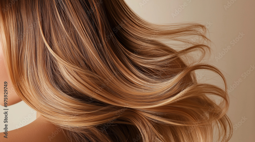 Naklejka premium Flowing caramel brown hair with warm golden highlights, with rich texture and a healthy shine, showcasing natural beauty.