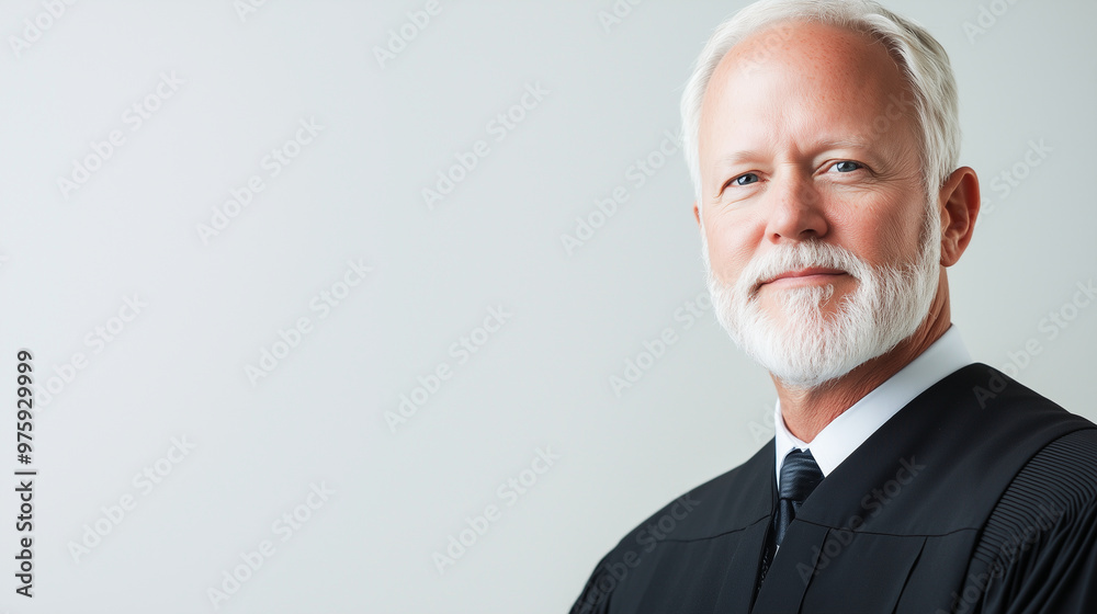 A close-up of a serious 50-year-old judge in a black robe, set against a white background, highlighting the judge’s expression of authority and focus. photo A close-up of a serious 50-year-old judge in a black robe, set against a white background, highlighting the judge’s expression of authority and focus. photo