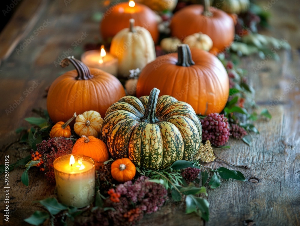 Autumnal Table Setting with Pumpkins, Candles, and Greenery Autumnal Table Setting with Pumpkins, Candles, and Greenery