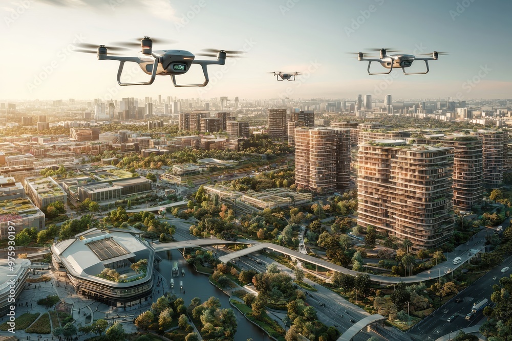 Drones flying over modern city skyline with high rise buildings, parks and transportation infrastructure Drones flying over modern city skyline with high rise buildings, parks and transportation infrastructure