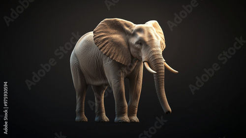 A detailed 3D image of an elephant on a dark background, with soft top lighting that casts dramatic shadows and highlights its size and elegance. photo photo