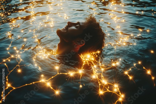 Abstract silhouette of a man floating in a golden lake with glowing lights surrounding him symbolizing spiritual enlightenment reflection and connection with higher energies