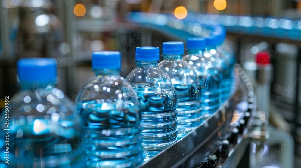 A line of bottled water moves along a conveyor belt in a busy factory, showcasing modern production methods A line of bottled water moves along a conveyor belt in a busy factory, showcasing modern production methods