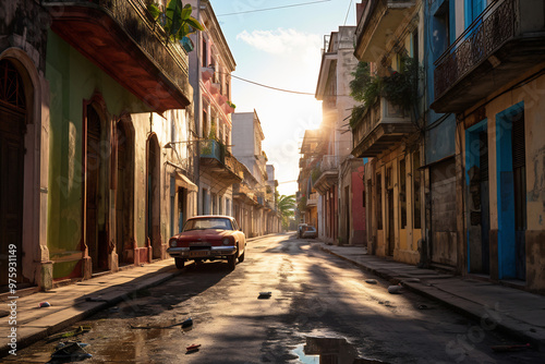 Old Havana downtown Street with old car