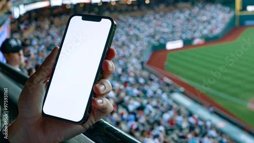 Pov Close-Up Sport Fan Hand Holding Smartphone with Blank White Screen at Baseball Crowed Stadium