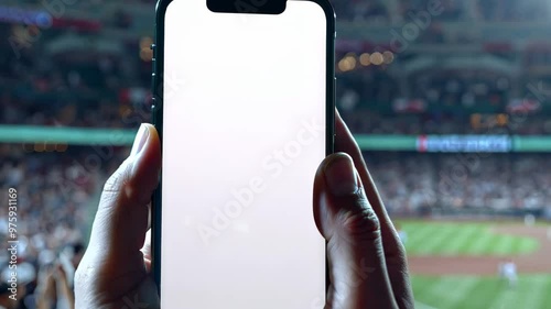 Pov Close-Up Sport Fan Hand Holding Smartphone with Blank White Screen at Baseball Crowed Stadium