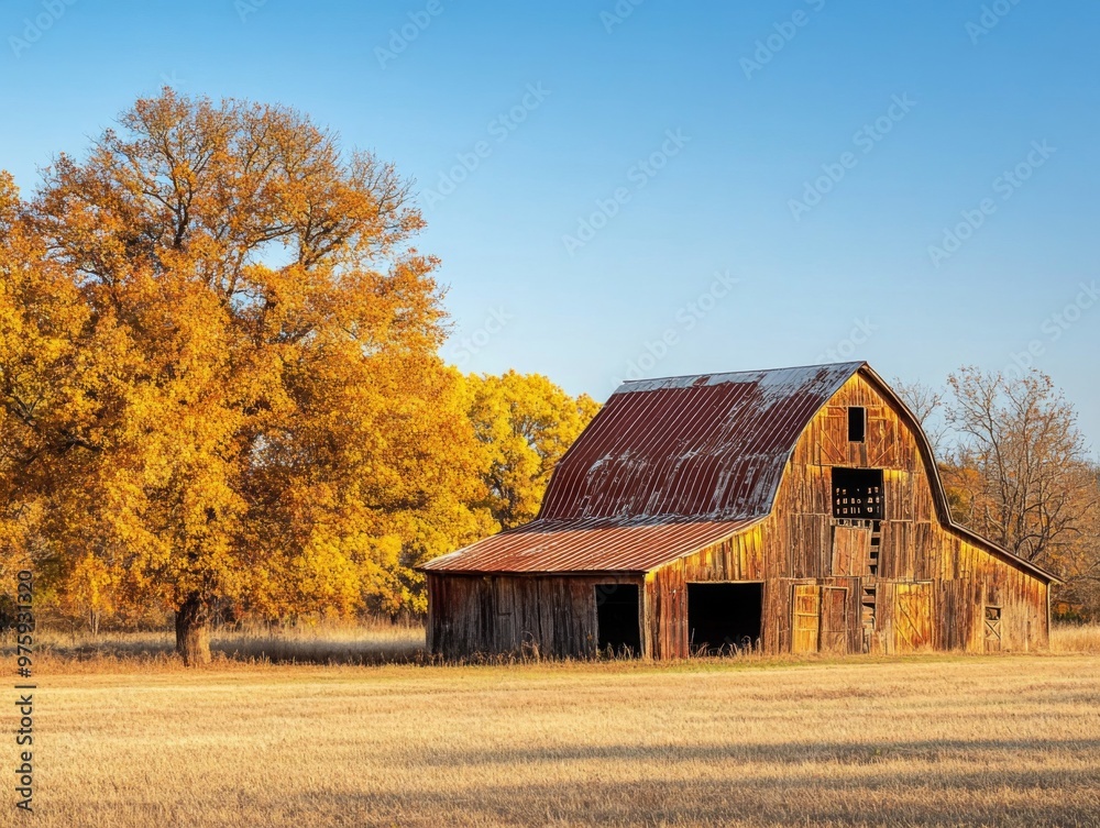 Rustic Barn with Golden Autumn Foliage and Open Doors Rustic Barn with Golden Autumn Foliage and Open Doors