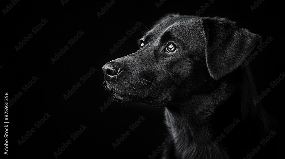 Dark black and white portrait of a dogs head on black background. Dark black and white portrait of a dogs head on black background.