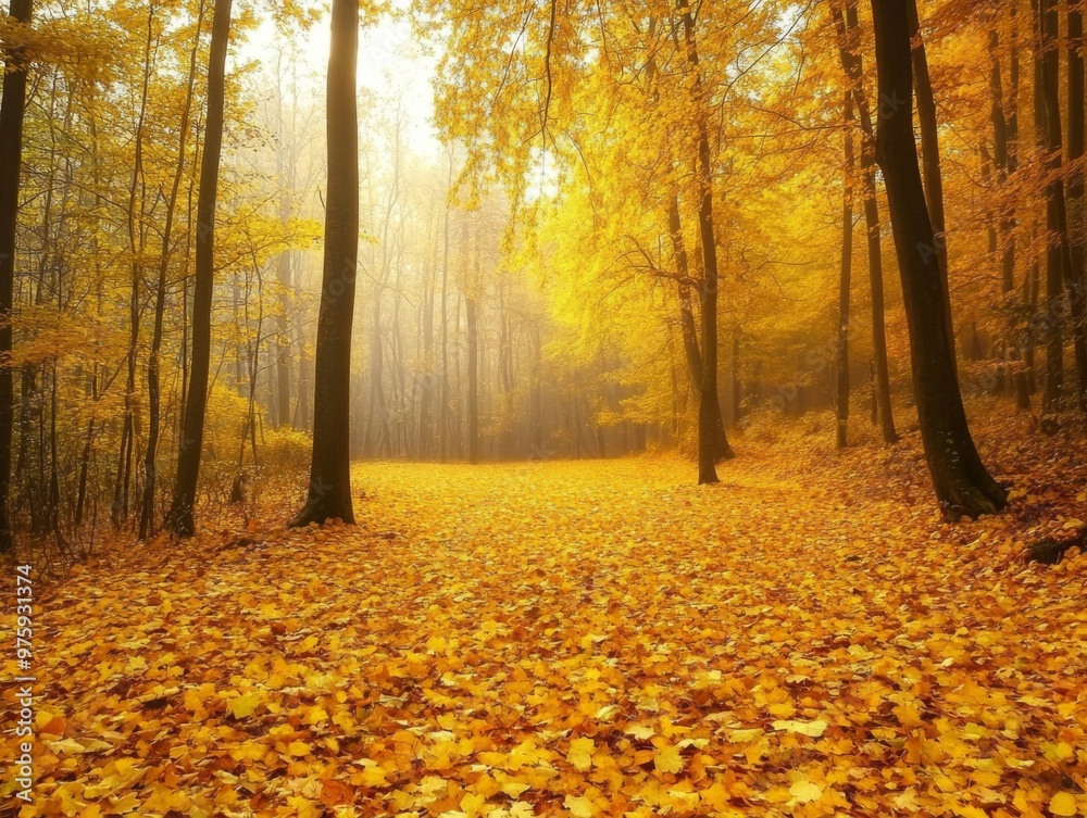 Obraz premium Golden Autumn Leaves Covering a Forest Floor