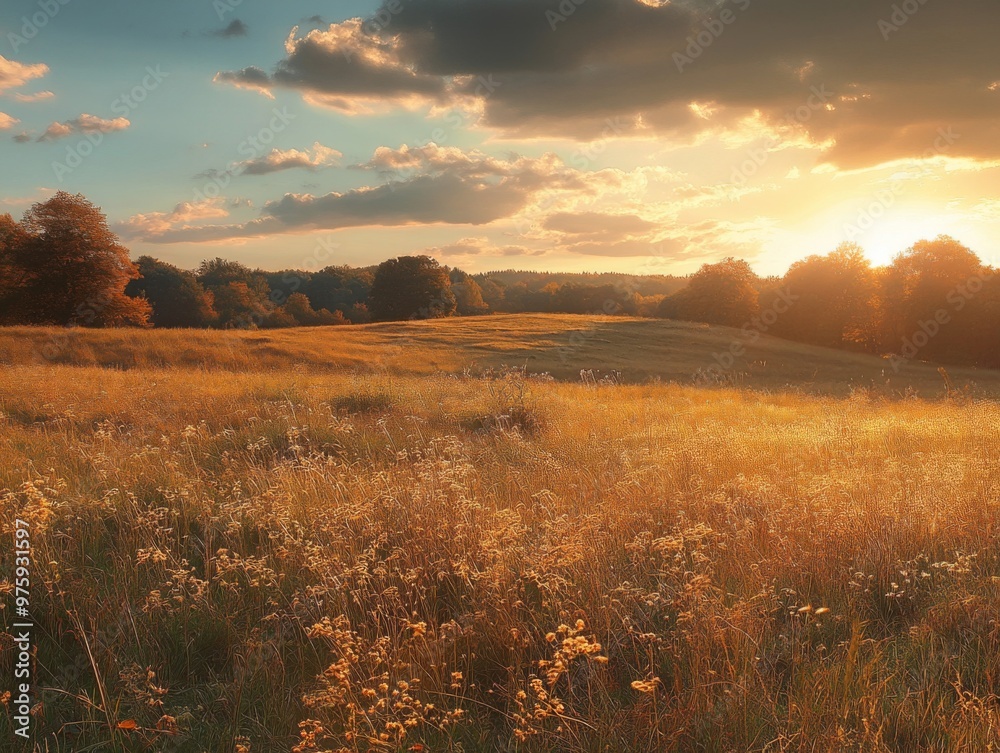 Golden Grass Field at Sunset with Trees in the Background Golden Grass Field at Sunset with Trees in the Background