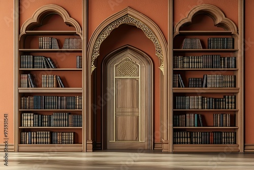 Wallpaper Mural luxury apricot empty wooden bookshelf with gold arabic door ornament  Torontodigital.ca