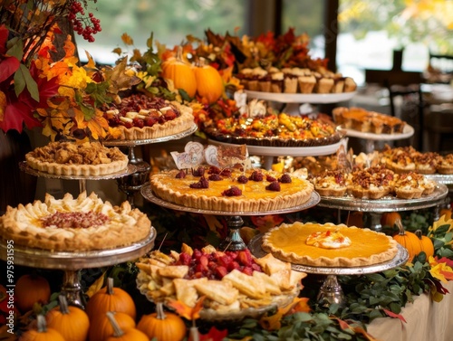 Assortment of Pies and Pastries Decorated with Fall Foliage and Pumpkins