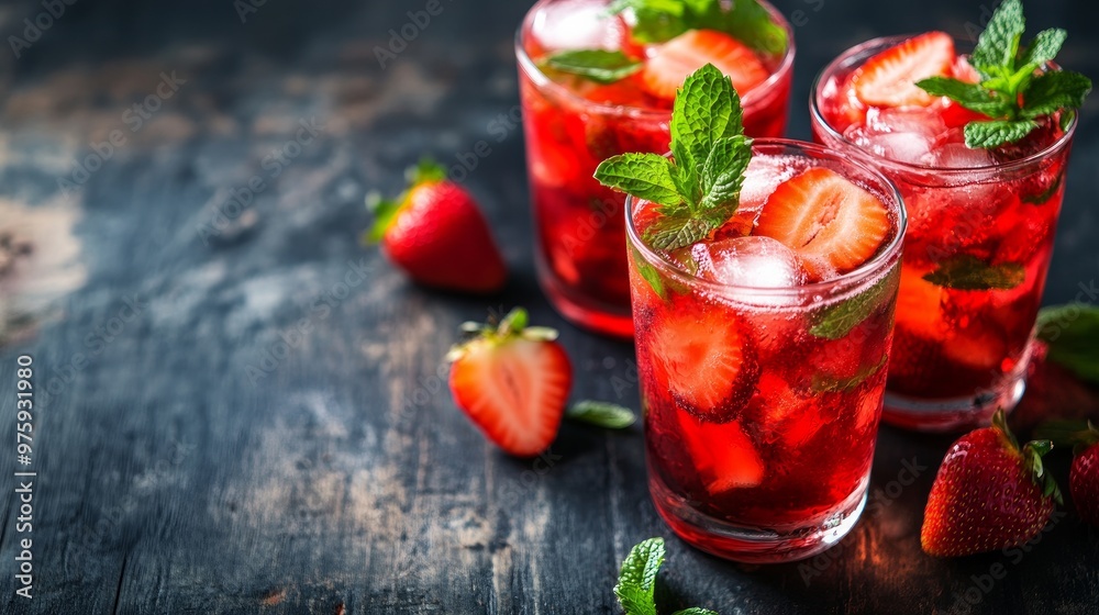 Drinks with fresh strawberry mojitos. On a dark, vintage wooden table sit three drinks. Cocktails or mocktails are garnished with strawberries and fresh mint. Copy the text space available. Drinks with fresh strawberry mojitos. On a dark, vintage wooden table sit three drinks. Cocktails or mocktails are garnished with strawberries and fresh mint. Copy the text space available.