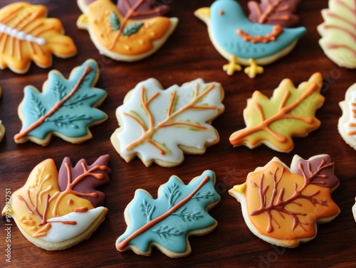 Decorated Sugar Cookies Shaped Like Leaves and a Bird photo