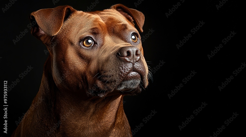 Obraz premium half body art of a real brown staffordshire bull terrier, staring, strong expression, ultra realistic photography, black background