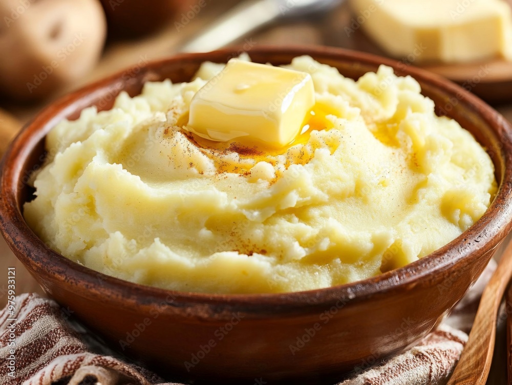 Creamy Mashed Potatoes with Butter and Spices in a Brown Bowl Creamy Mashed Potatoes with Butter and Spices in a Brown Bowl