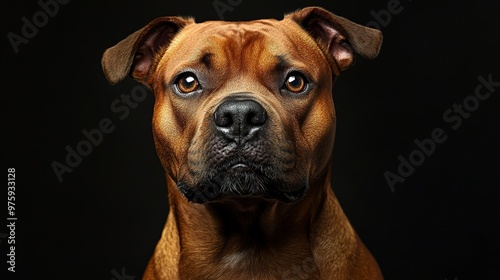 half body art of a real brown staffordshire bull terrier, staring, strong expression, ultra realistic photography, black background 