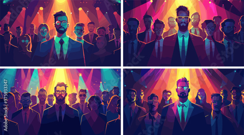 Corporate figure among crowd cartoon vector scenes. Bearded person suit google executive recruitment man hr character, spotlight staff seeking choosing employees achievement candidate concepts