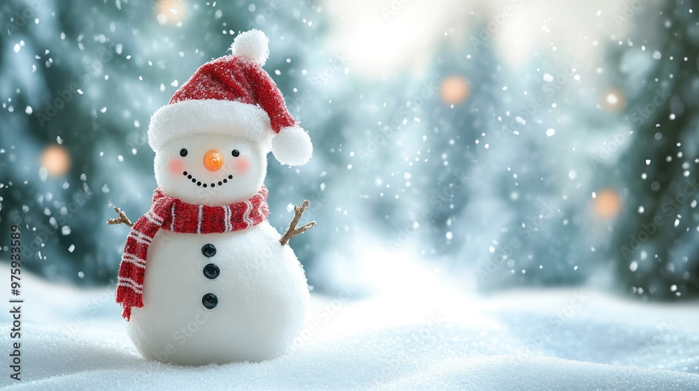 A cheerful snowman standing in a snowy Christmas landscape with copy space, perfect for a Merry Christmas and Happy New Year greeting card A cheerful snowman standing in a snowy Christmas landscape with copy space, perfect for a Merry Christmas and Happy New Year greeting card