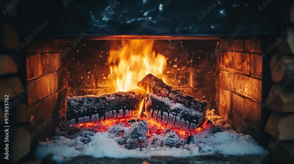 A cozy fire burning in a fireplace, with snow visible through the window. A cozy fire burning in a fireplace, with snow visible through the window.
