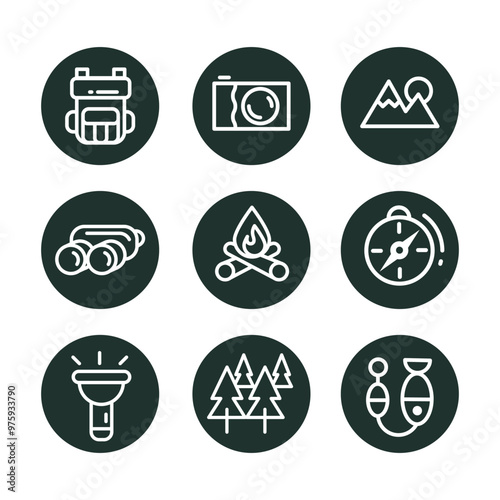 Set of round black camping icon signs isolated on white background illustration vector.