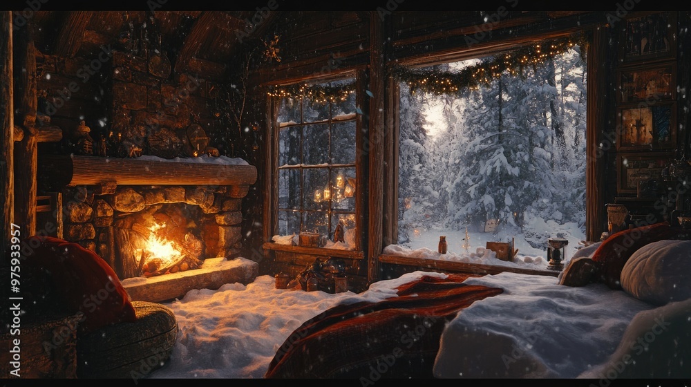 A cozy winter scene inside a snow-covered cabin, with a warm fire burning and snow outside the window. A cozy winter scene inside a snow-covered cabin, with a warm fire burning and snow outside the window.