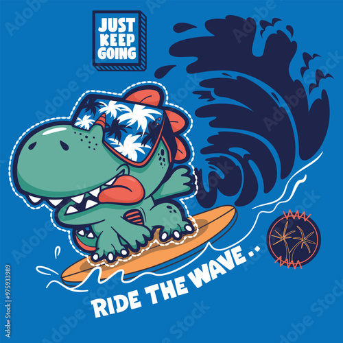 Cute dinosaur cartoon surfer riding a big wave isolated on blue background illustration vector, T-shirt graphic design.