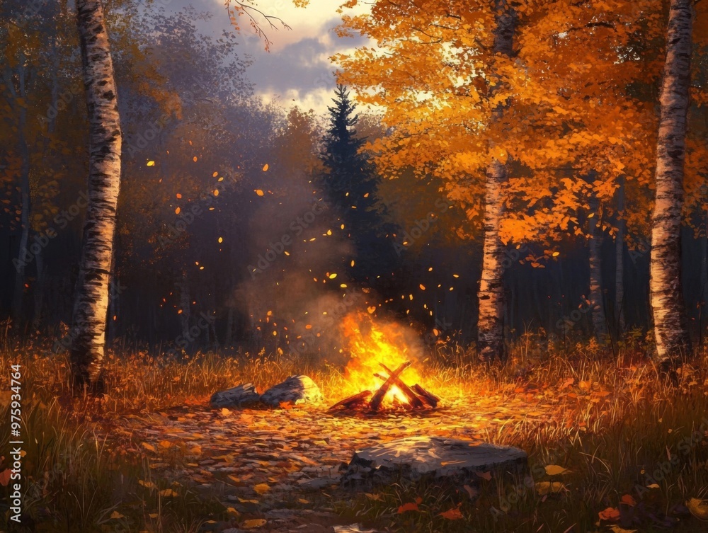 Fototapeta premium A Campfire in a Forest with Falling Leaves and Tall Trees