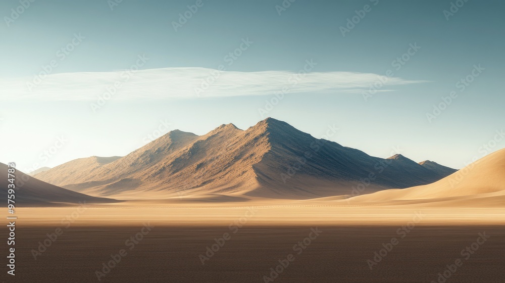 A distant mountain range rising out of the desert, creating a dramatic contrast against the flat sand A distant mountain range rising out of the desert, creating a dramatic contrast against the flat sand