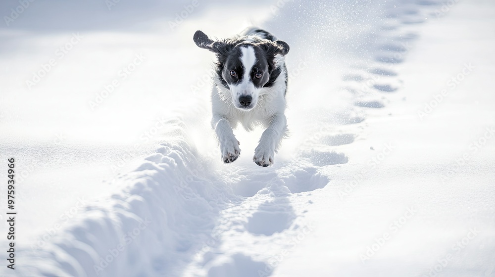 A dog running through the snow, leaving paw prints behind as it plays in the fresh powder. A dog running through the snow, leaving paw prints behind as it plays in the fresh powder.