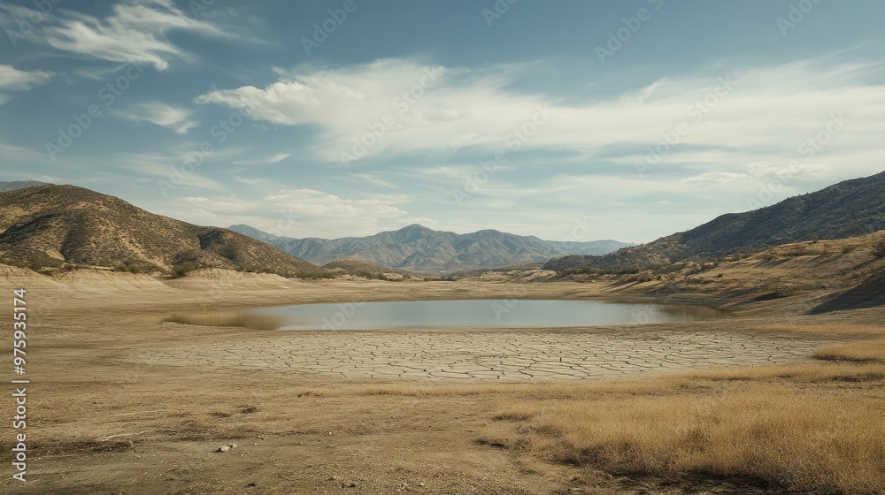 A dried-up lake surrounded by parched hills, with no sign of rain in the horizon. A dried-up lake surrounded by parched hills, with no sign of rain in the horizon.