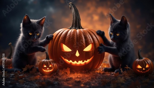 Halloween banner featuring a cute blak cats Halloween attributes, small pumpkins on orange and black background photo