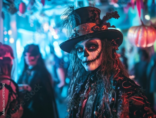 A Person Wearing a Skull Makeup and Top Hat at a Halloween Party