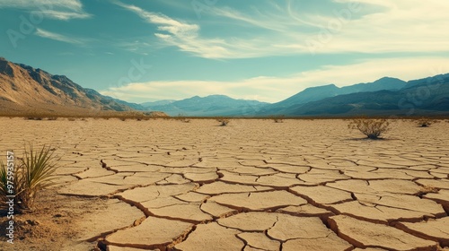 Obraz na płótnie A dried-up desert lakebed, with cracked earth spreading out in all directions and distant mountains in the background. w salonie