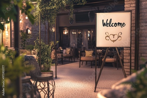 A boutique hotel's entrance with chic decor, a "Welcome" sign on a stylish stand, and cozy outdoor seating.