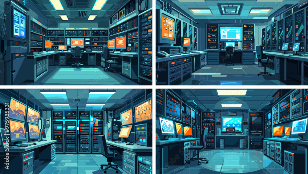 Vetor de Data server room cartoon vector concepts. Monitor table screen ...