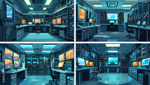 Data server room cartoon vector concepts. Monitor table screen chair seat desk rigs racks cables center network computer information communications storage vault illustrations