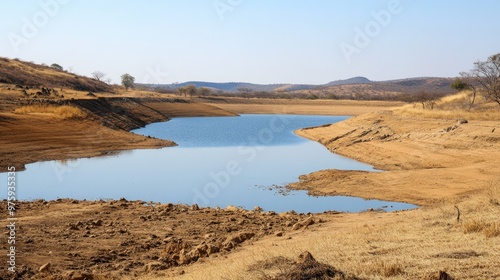 A dry and empty dam, with the water level far below its usual height, illustrating the effects of the dry season.