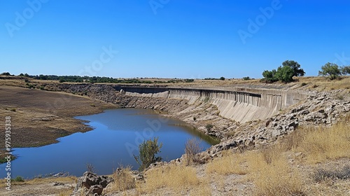 A dry and empty dam, with the water level far below its usual height, illustrating the effects of the dry season.