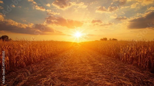 A dry farm field, with withered crops and a scorching sun beating down from above. photo