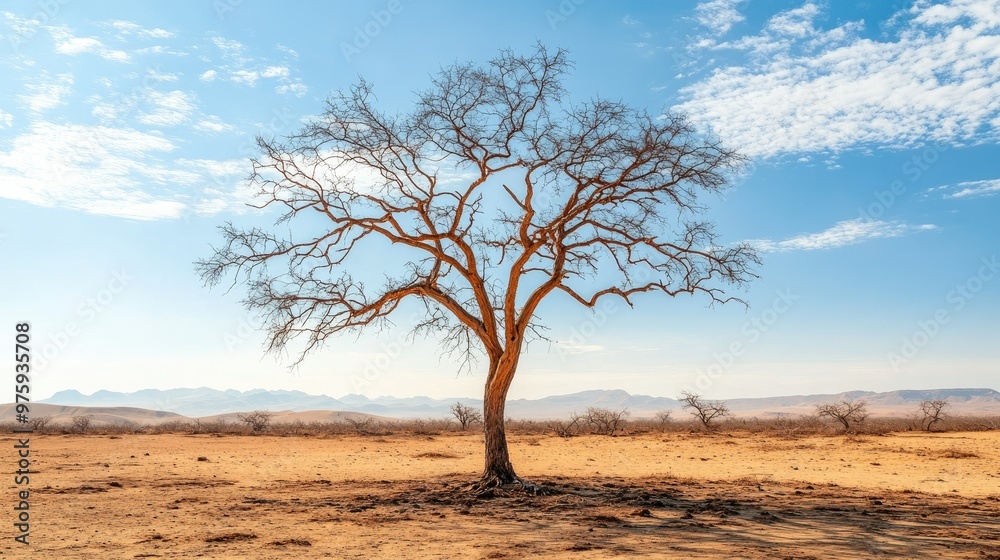 A dry, leafless tree standing tall in the desert, with a bright, cloudless sky overhead. - A dry, leafless tree standing tall in the desert, with a bright, cloudless sky overhead. -