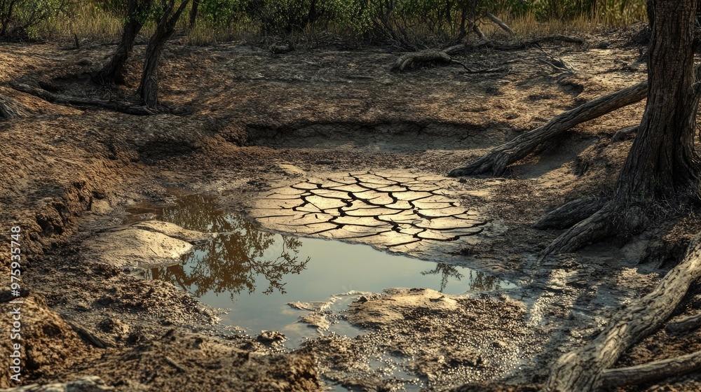 A dry pond with cracked mud, surrounded by dead trees and plants, representing the effects of drought. A dry pond with cracked mud, surrounded by dead trees and plants, representing the effects of drought.
