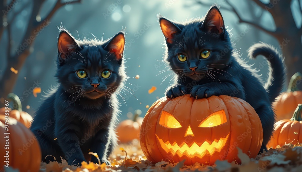 Halloween banner featuring a cute blak cats Halloween attributes, small pumpkins on orange and black background Halloween banner featuring a cute blak cats Halloween attributes, small pumpkins on orange and black background