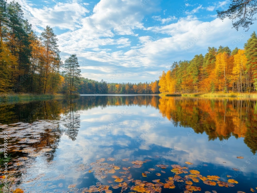 Obraz premium Tranquil Autumn Lake with Colorful Tree Reflections